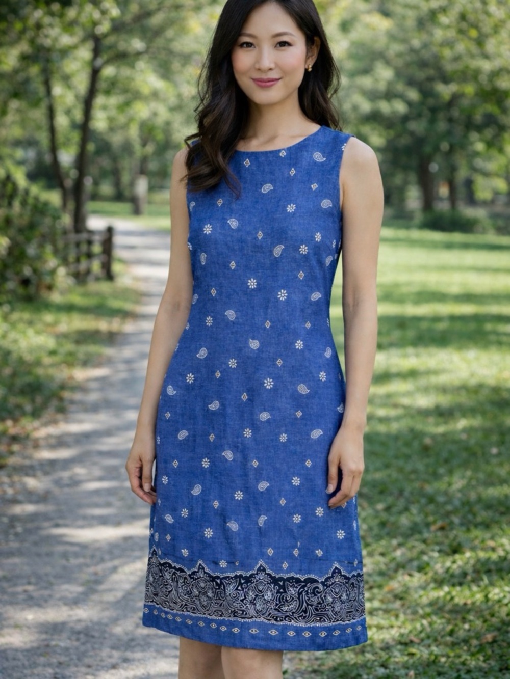 Talbots Denim Blue Paisley Linen Blend Shift Dress Sz 6